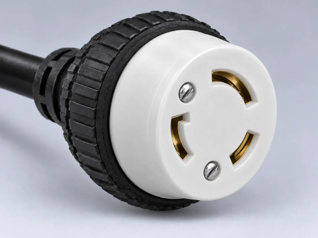 NEMA L6-20R locking receptacle: fitted in place. Computer-generated illustration, not a photograph.