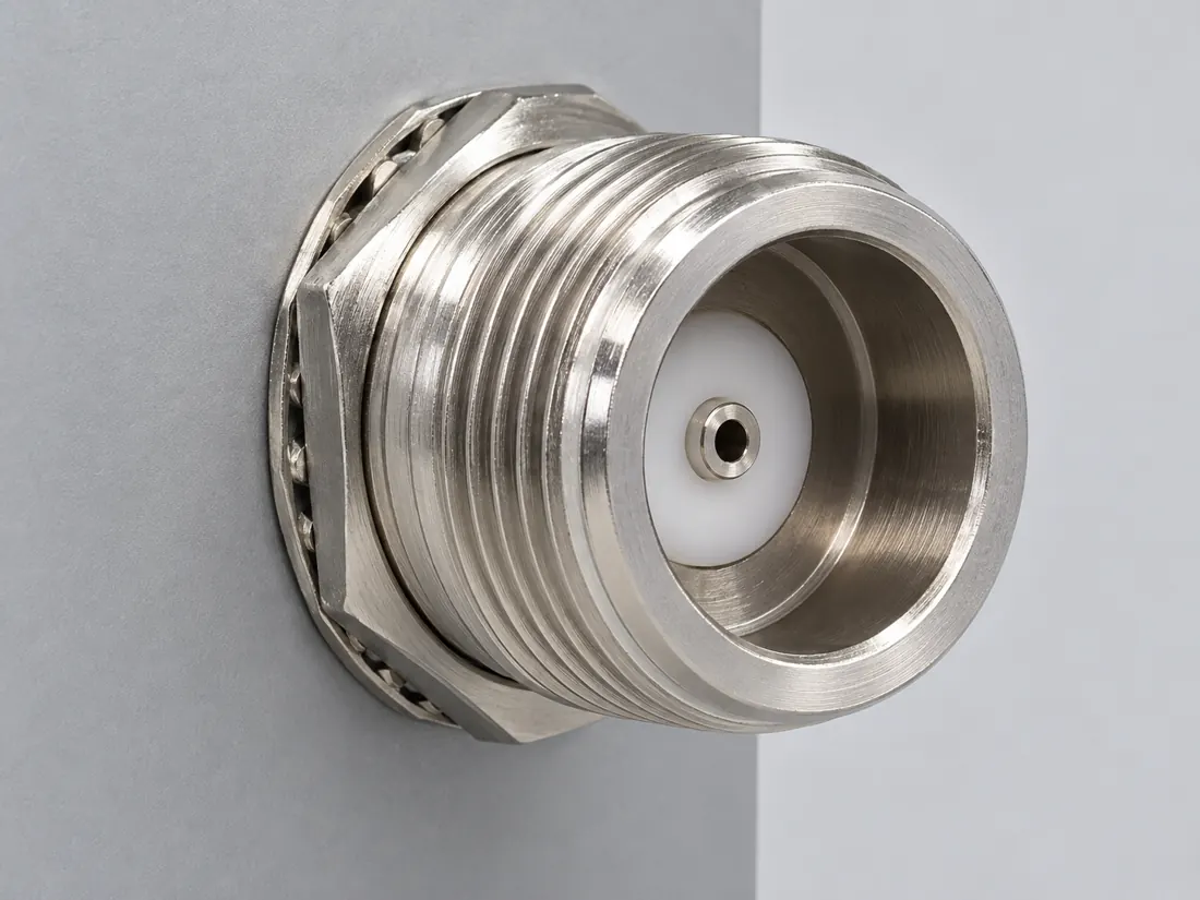 N-Type coaxial connector: fitted in place. Computer-generated illustration, not a photograph.