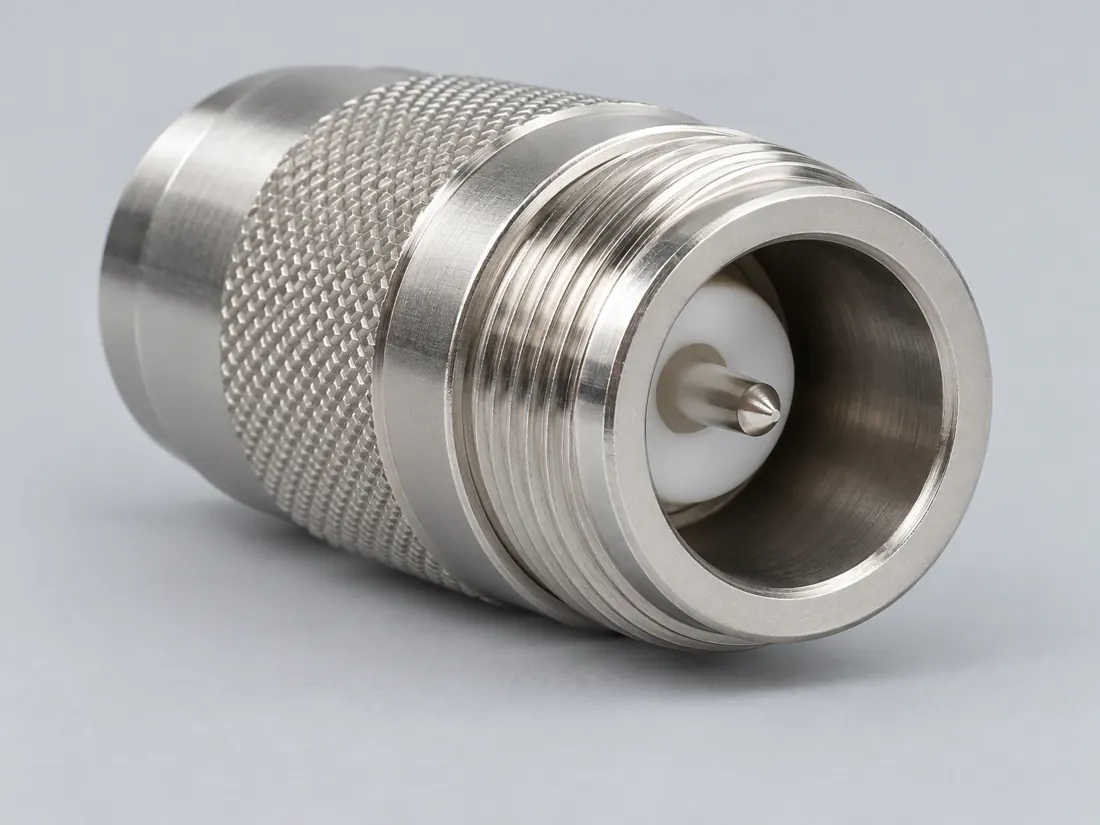 RP-N-Type coaxial connector: fitted in place. Computer-generated illustration, not a photograph.
