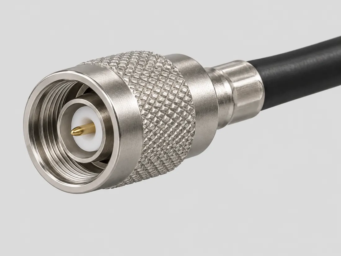 TNC coaxial connector: three-quarter view. Computer-generated illustration, not a photograph.
