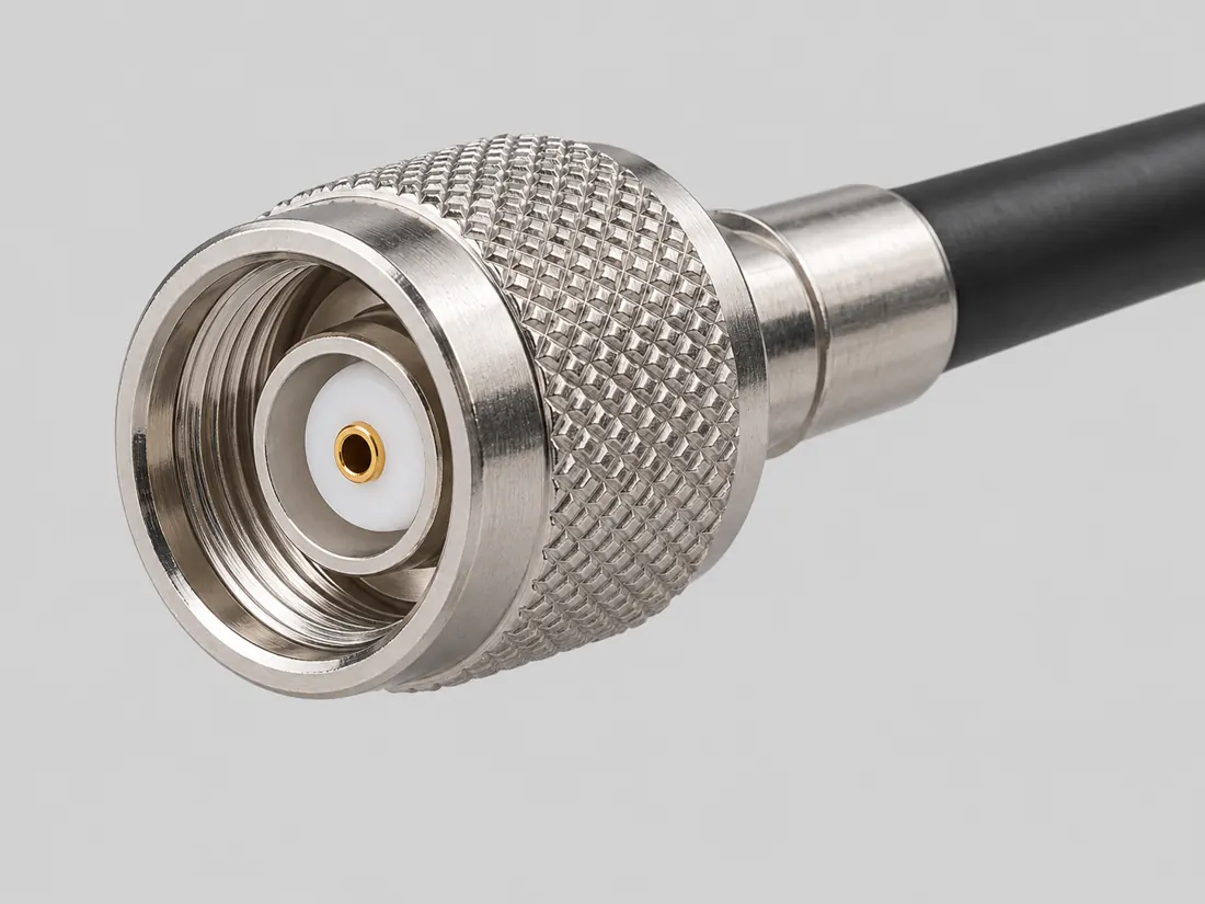 RP-TNC coaxial connector: three-quarter view. Computer-generated illustration, not a photograph.