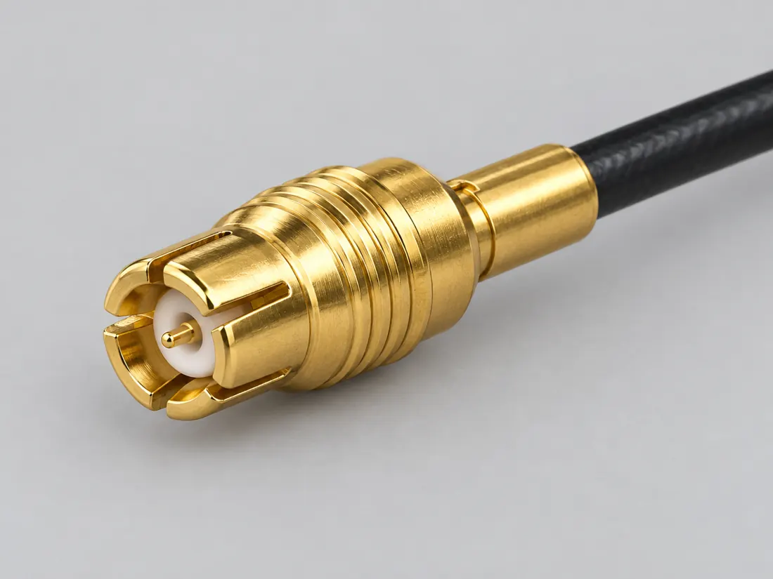 MCX coaxial connector: three-quarter view. Computer-generated illustration, not a photograph.