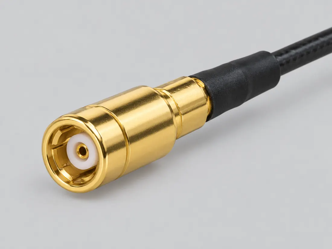 SMB coaxial connector: three-quarter view. Computer-generated illustration, not a photograph.