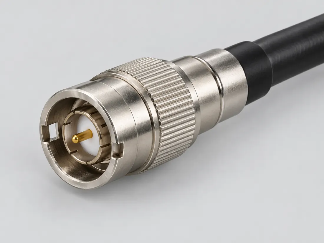 Mini-BNC coaxial connector: three-quarter view. Computer-generated illustration, not a photograph.