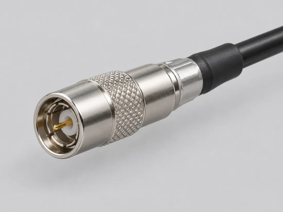 DIN 1.0/2.3 coaxial connector: three-quarter view. Computer-generated illustration, not a photograph.