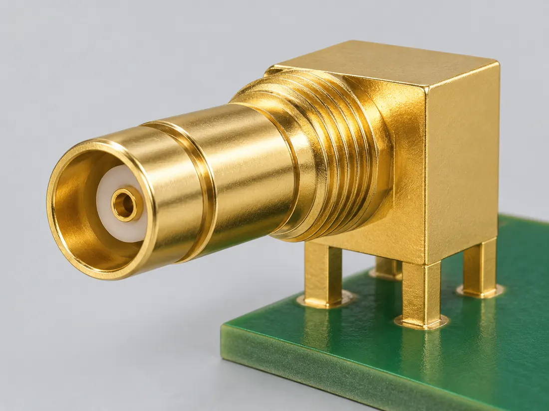 DIN 1.0/2.3 coaxial connector: fitted in place. Computer-generated illustration, not a photograph.