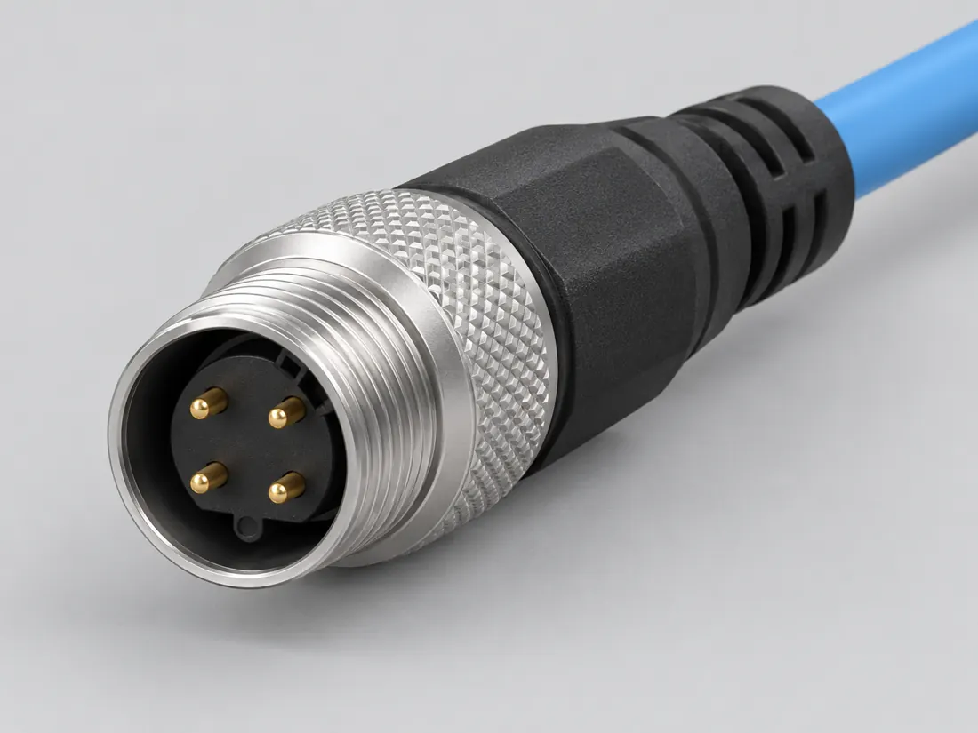 M12 D-coded Ethernet connector: three-quarter view. Computer-generated illustration, not a photograph.