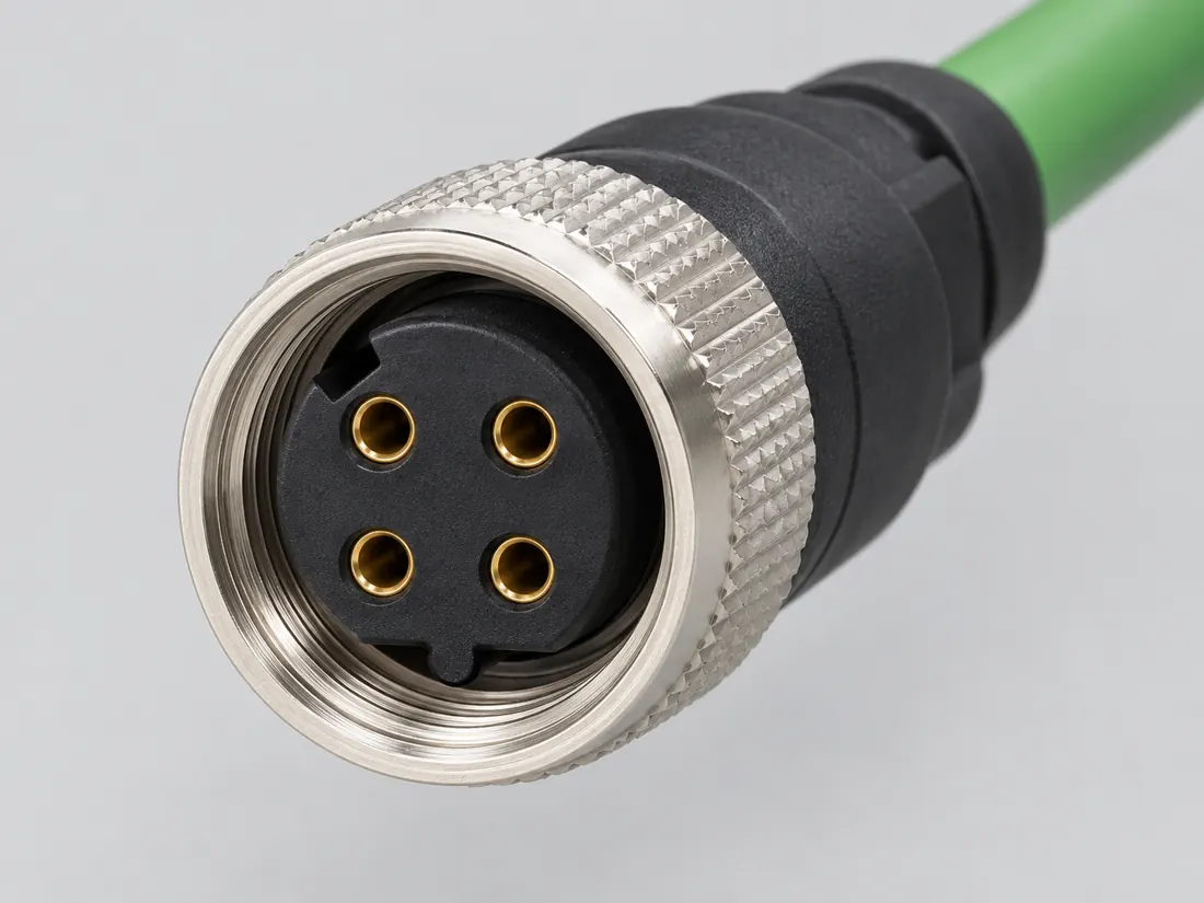 M12 D-coded Ethernet connector: fitted in place. Computer-generated illustration, not a photograph.