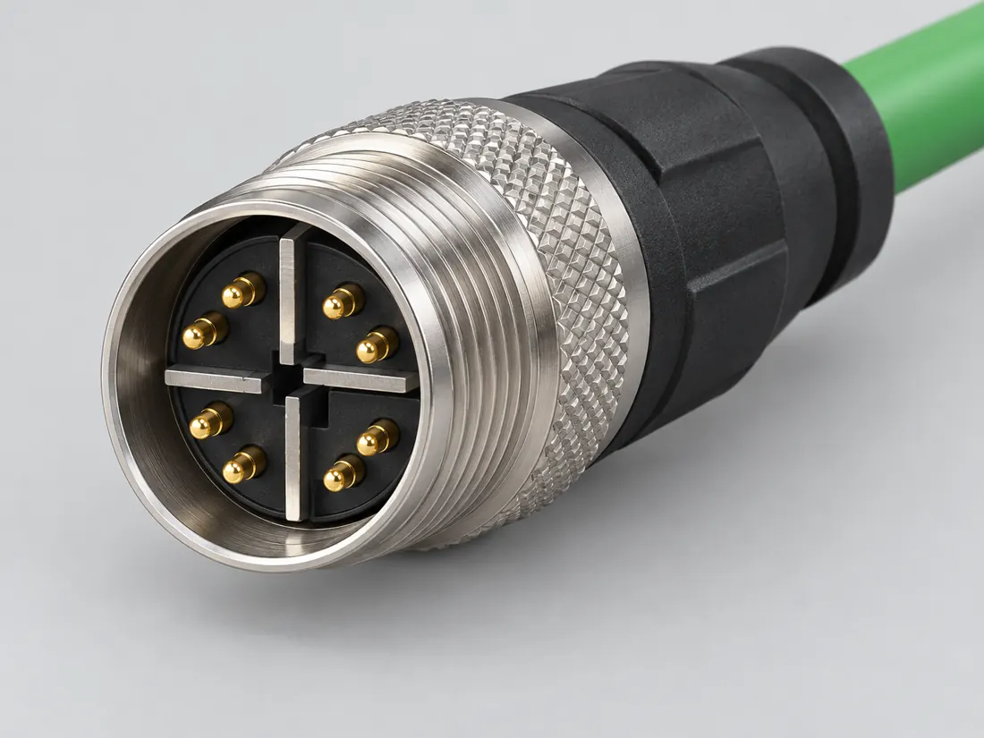M12 X-coded Ethernet connector: three-quarter view. Computer-generated illustration, not a photograph.