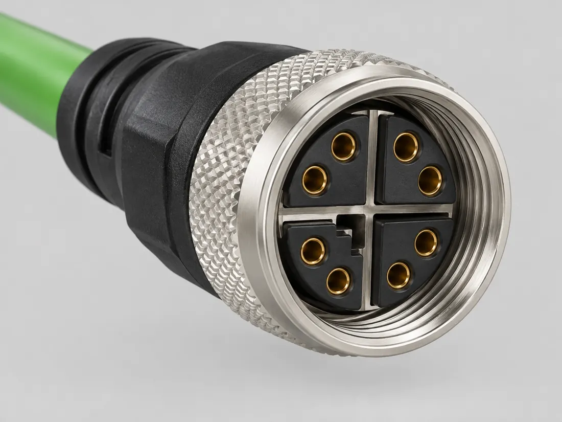 M12 X-coded Ethernet connector: fitted in place. Computer-generated illustration, not a photograph.