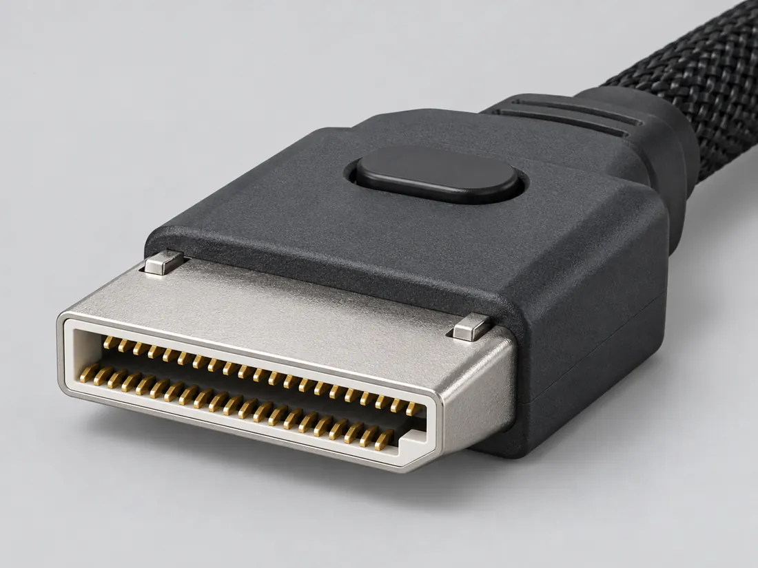 OCuLink SFF-8611 / SFF-8612 connector family: three-quarter view. Computer-generated illustration, not a photograph.