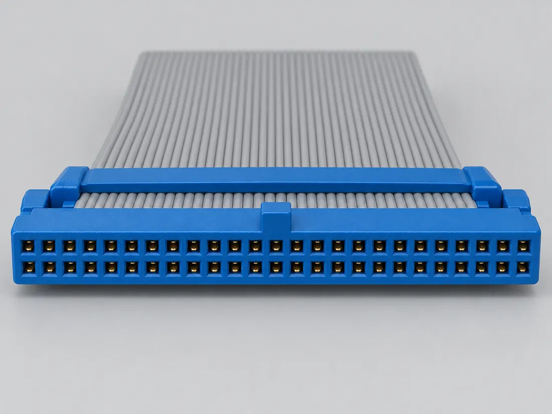 50-position 2.54 mm IDC ribbon header: fitted in place. Computer-generated illustration, not a photograph.