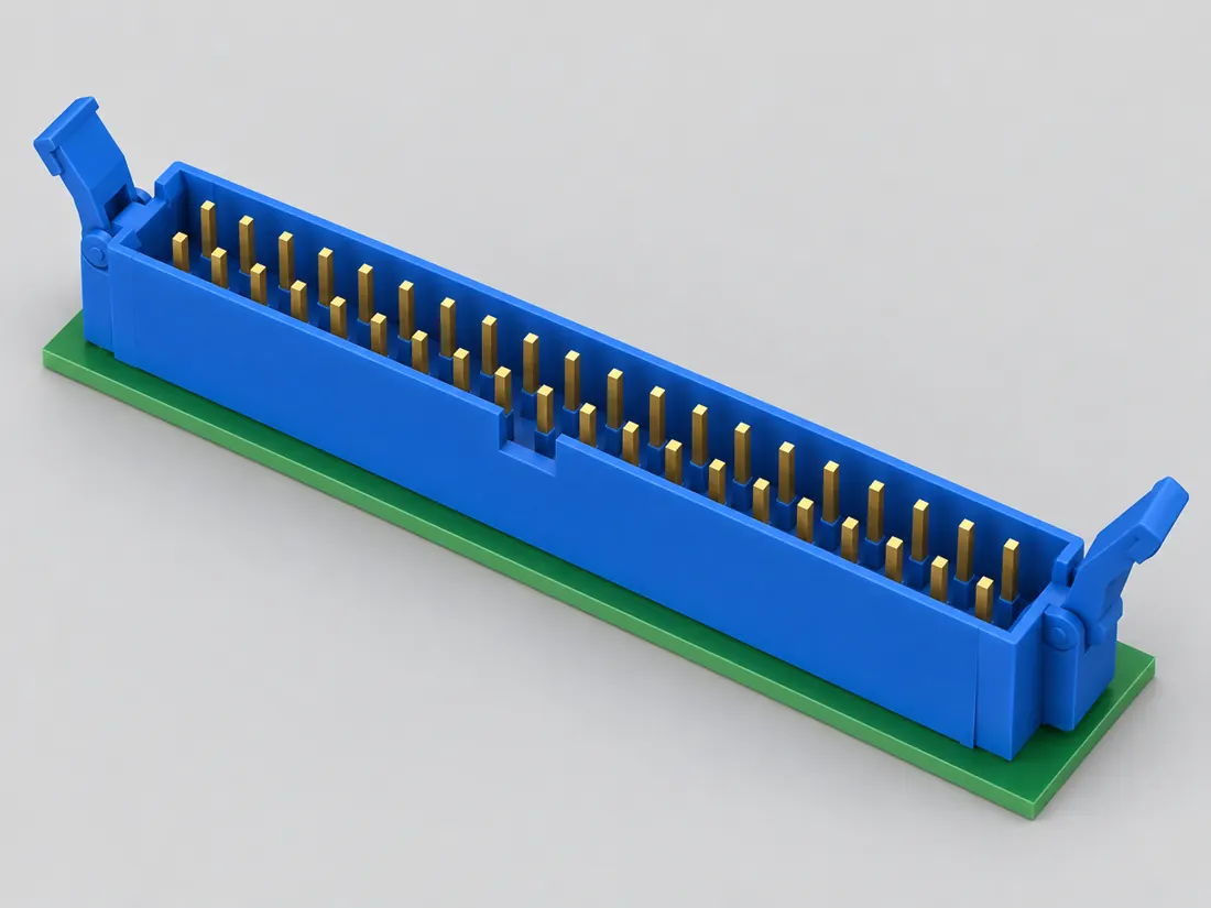 40-position 2.54 mm IDC ribbon header: three-quarter view. Computer-generated illustration, not a photograph.