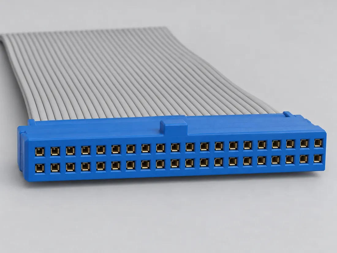 40-position 2.54 mm IDC ribbon header: fitted in place. Computer-generated illustration, not a photograph.