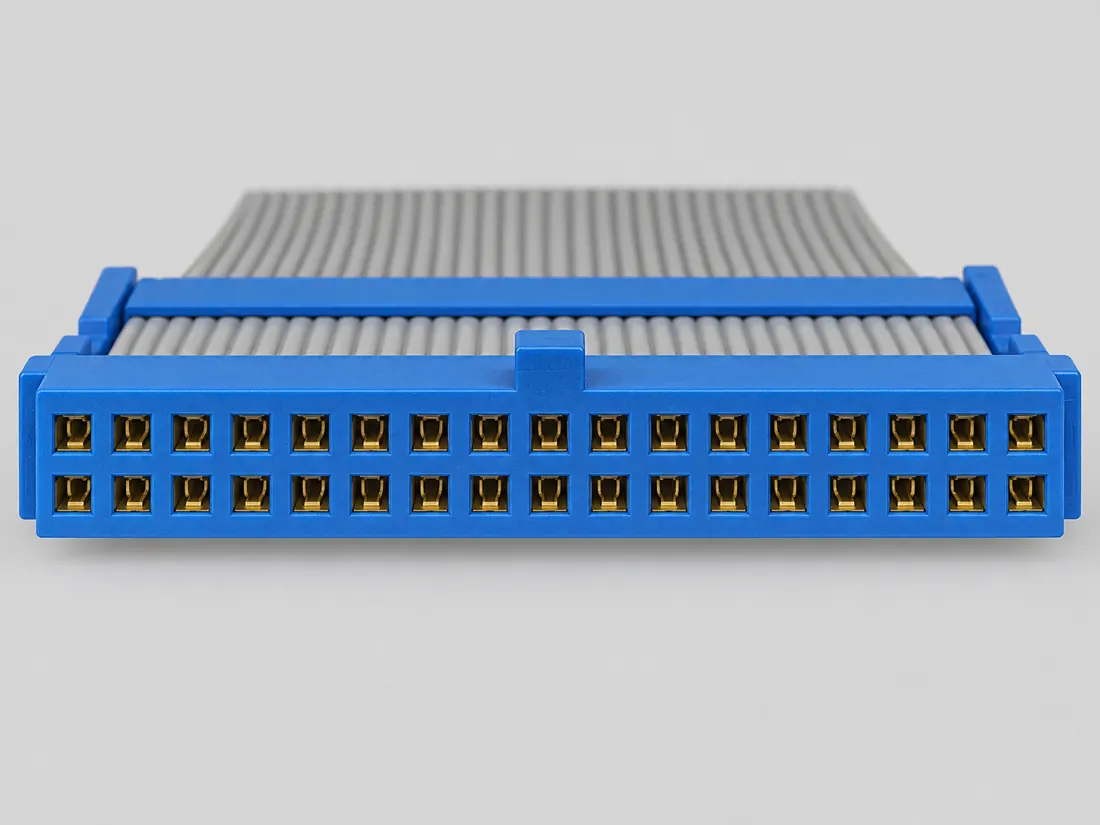 34-position 2.54 mm IDC ribbon receptacle: mating face. Computer-generated illustration, not a photograph.