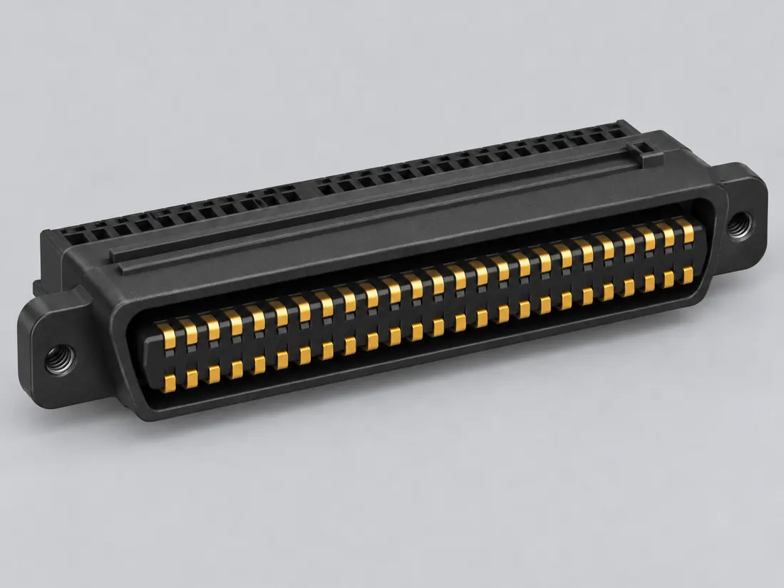 CHAMP 50-position connector: three-quarter view. Computer-generated illustration, not a photograph.