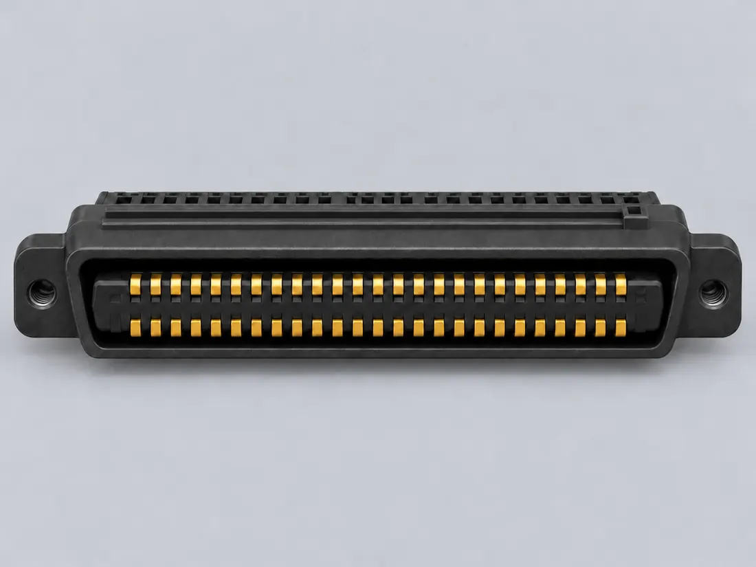 CHAMP 50-position connector: mating face. Computer-generated illustration, not a photograph.
