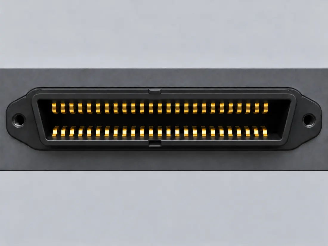 CHAMP 50-position connector: fitted in place. Computer-generated illustration, not a photograph.