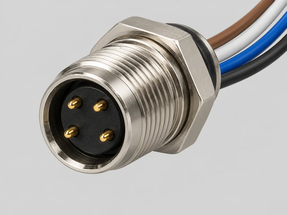 M8 A-coded 4-position connector: three-quarter view. Computer-generated illustration, not a photograph.