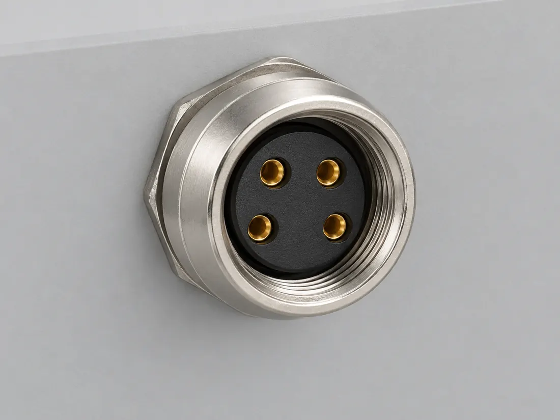M8 A-coded 4-position connector: fitted in place. Computer-generated illustration, not a photograph.