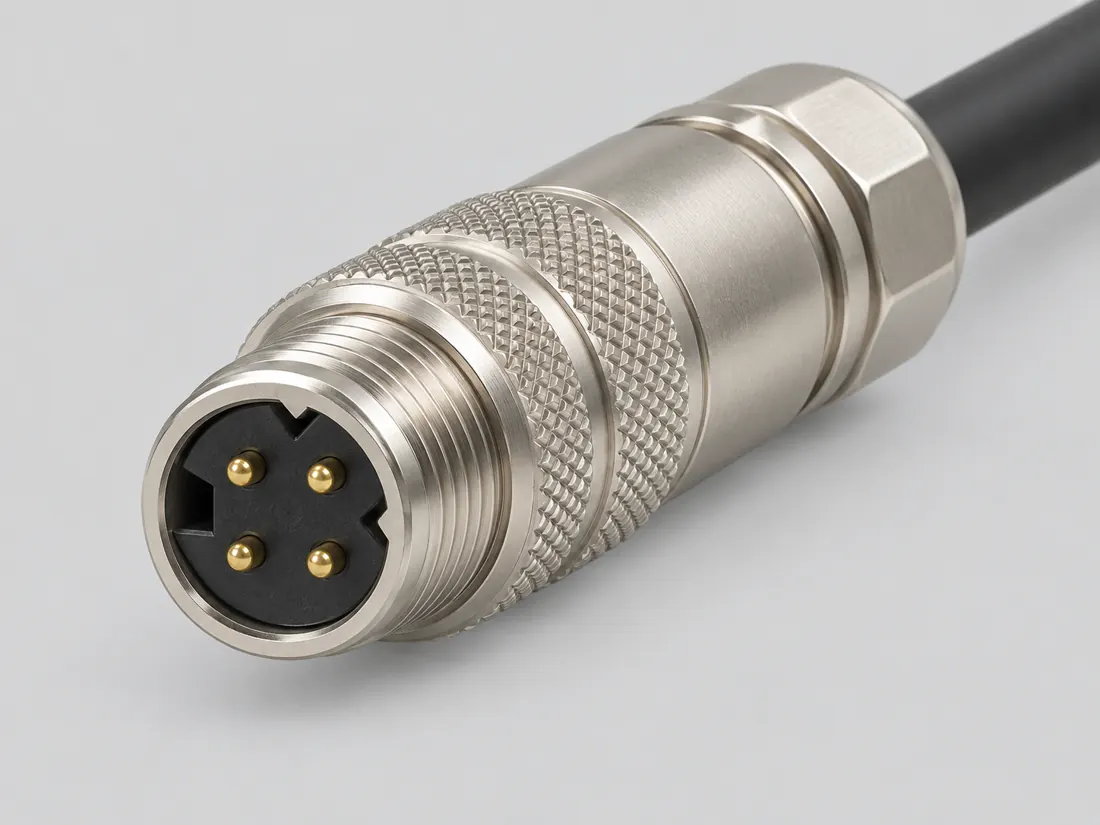 M8 D-coded Ethernet connector: three-quarter view. Computer-generated illustration, not a photograph.