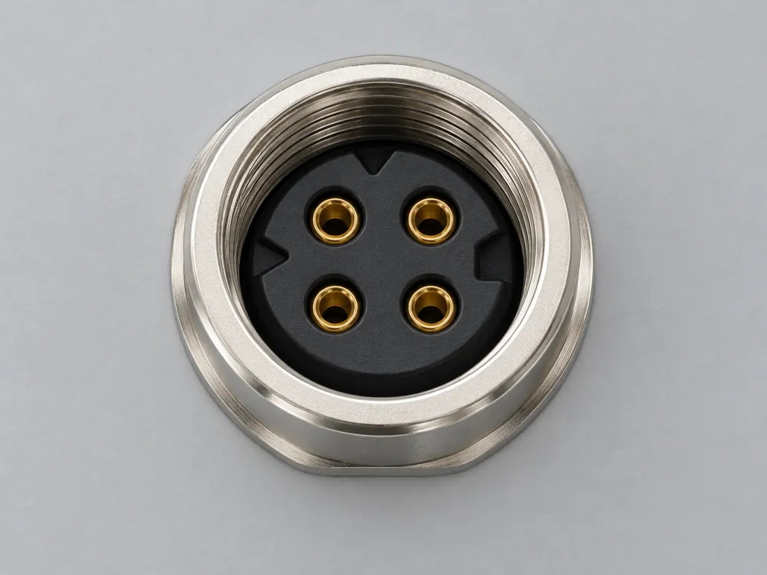 M8 D-coded Ethernet connector: fitted in place. Computer-generated illustration, not a photograph.