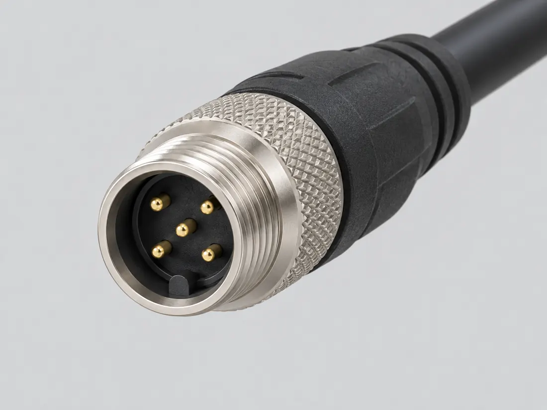 M12 A-coded 5-position connector: three-quarter view. Computer-generated illustration, not a photograph.