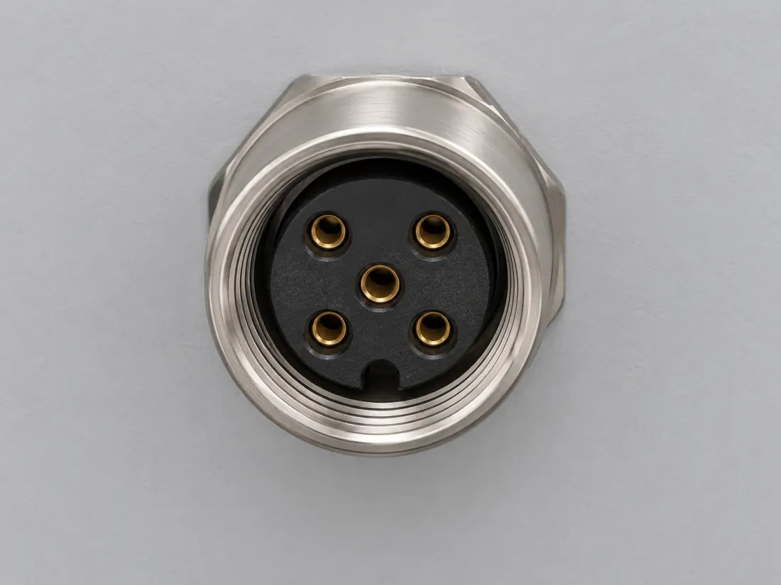 M12 A-coded 5-position connector: fitted in place. Computer-generated illustration, not a photograph.