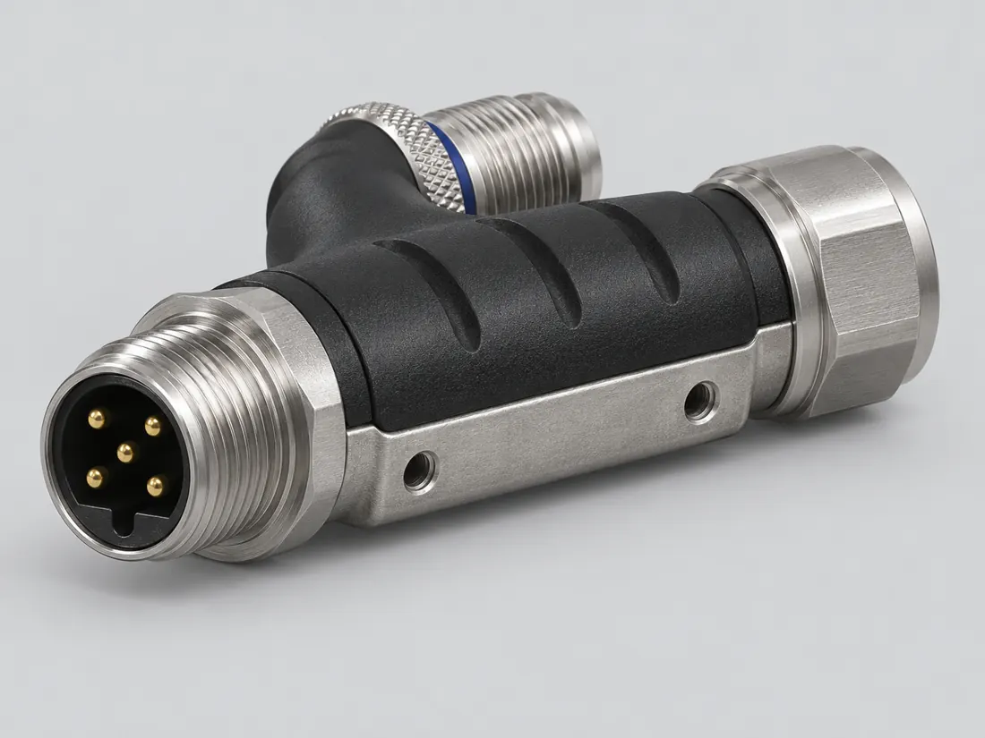 M12 B-coded 5-position connector: three-quarter view. Computer-generated illustration, not a photograph.