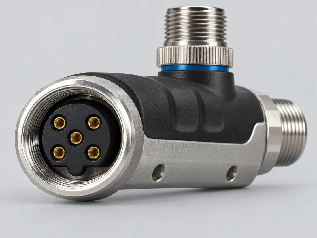 M12 B-coded 5-position connector: fitted in place. Computer-generated illustration, not a photograph.