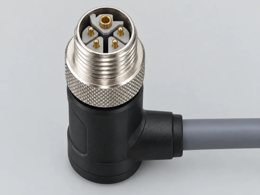 M12 L-coded 5-position power connector: three-quarter view. Computer-generated illustration, not a photograph.