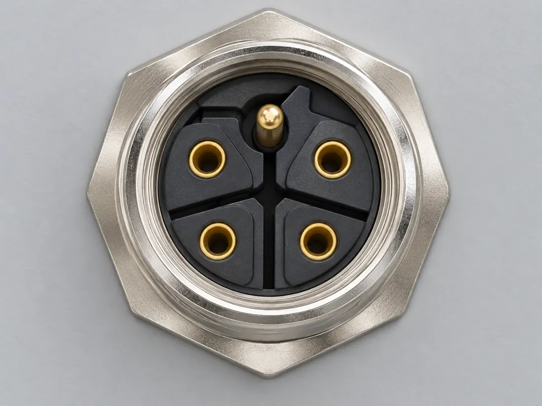 M12 L-coded 5-position power connector: fitted in place. Computer-generated illustration, not a photograph.