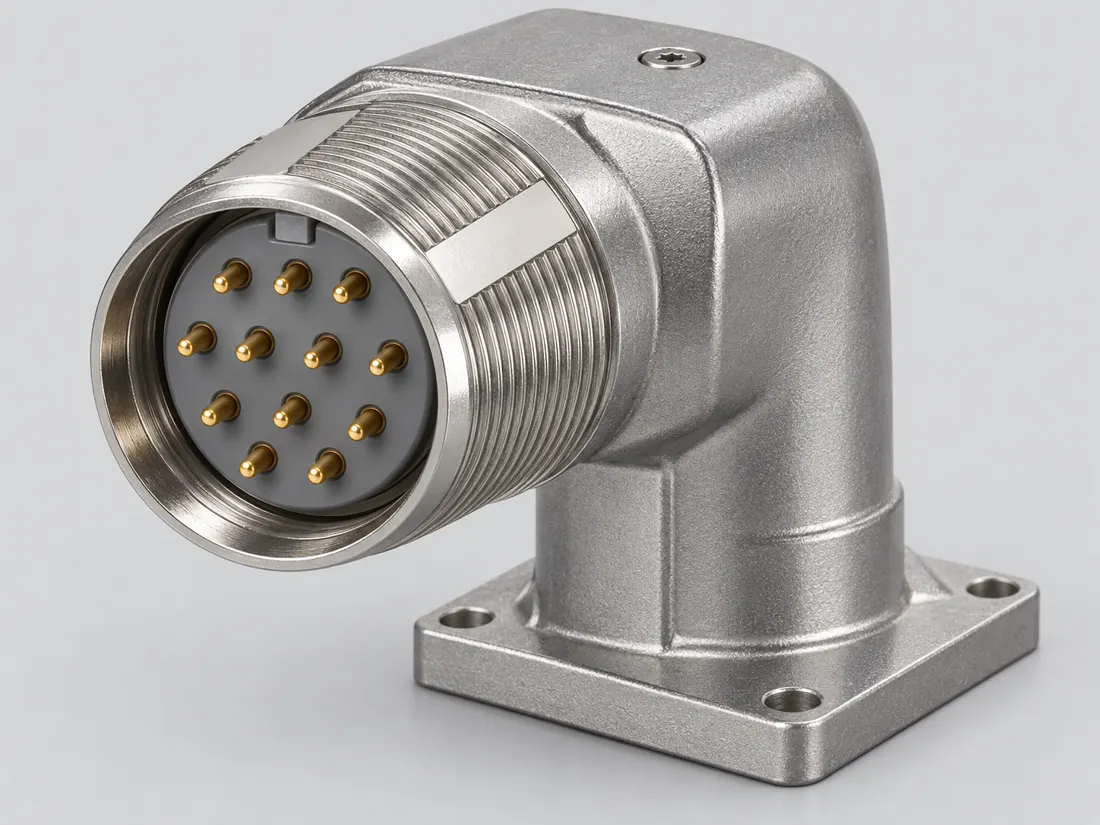 M23 12-position signal connector: three-quarter view. Computer-generated illustration, not a photograph.