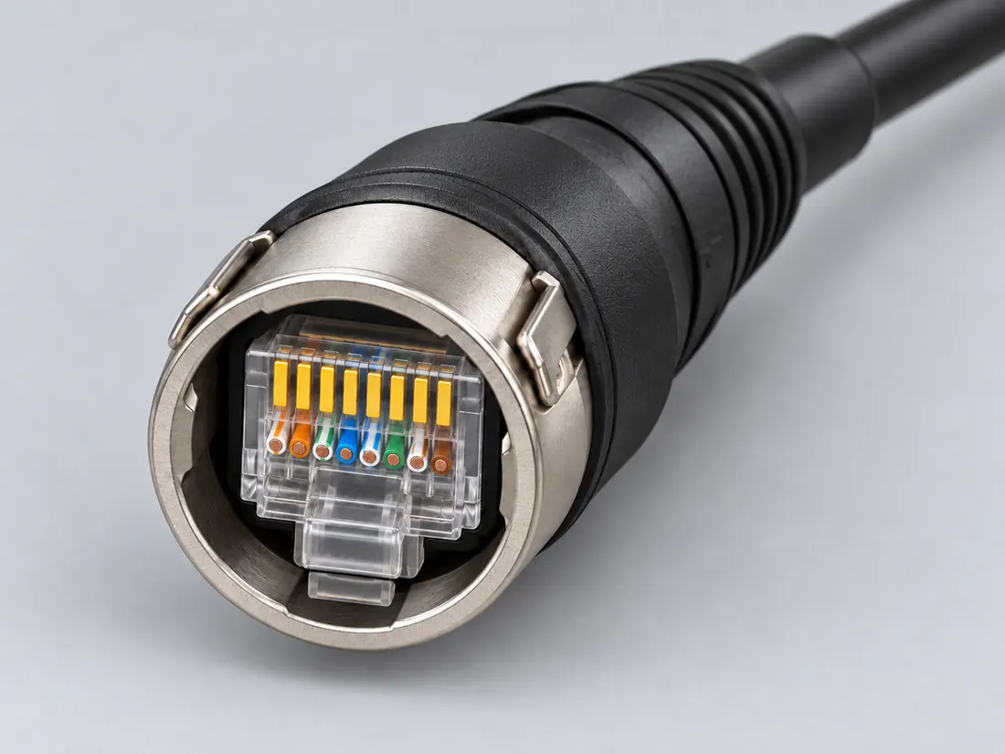 etherCON ruggedized RJ45 connector system: three-quarter view. Computer-generated illustration, not a photograph.