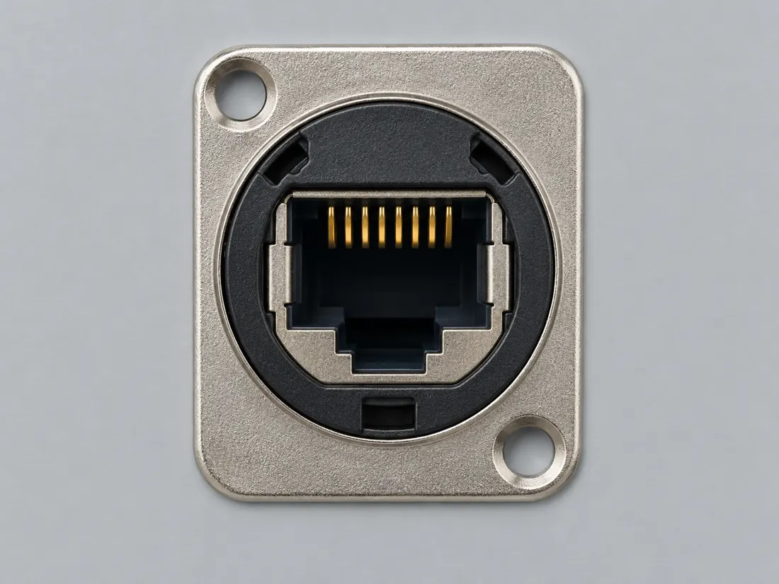 etherCON ruggedized RJ45 connector system: fitted in place. Computer-generated illustration, not a photograph.