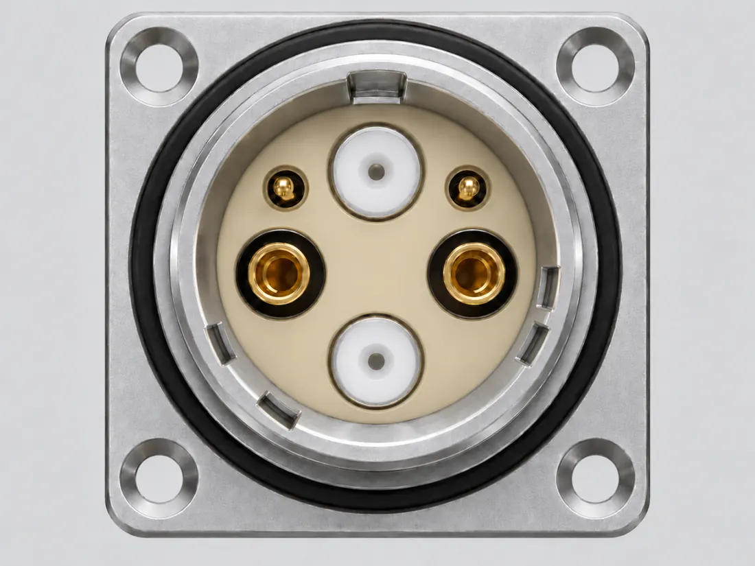 LEMO 3K.93C SMPTE 304M HDTV camera connector: fitted in place. Computer-generated illustration, not a photograph.