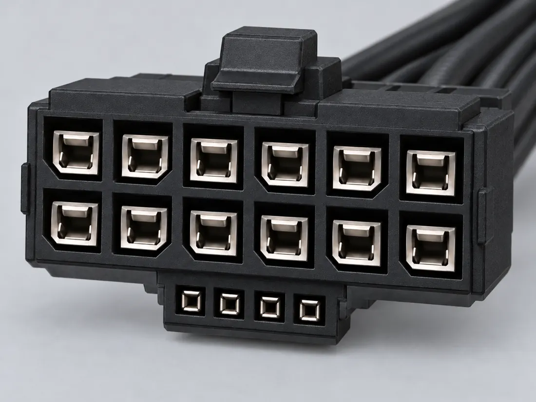 Illustrative female cable-end housing, three-quarter view; not the cited board header and not header-revision evidence. Computer-generated illustration, not a photograph.