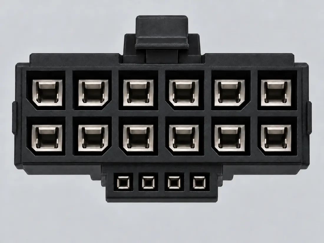 Illustrative female cable-end housing, mating face; not the cited board header and not header-revision evidence. Computer-generated illustration, not a photograph.