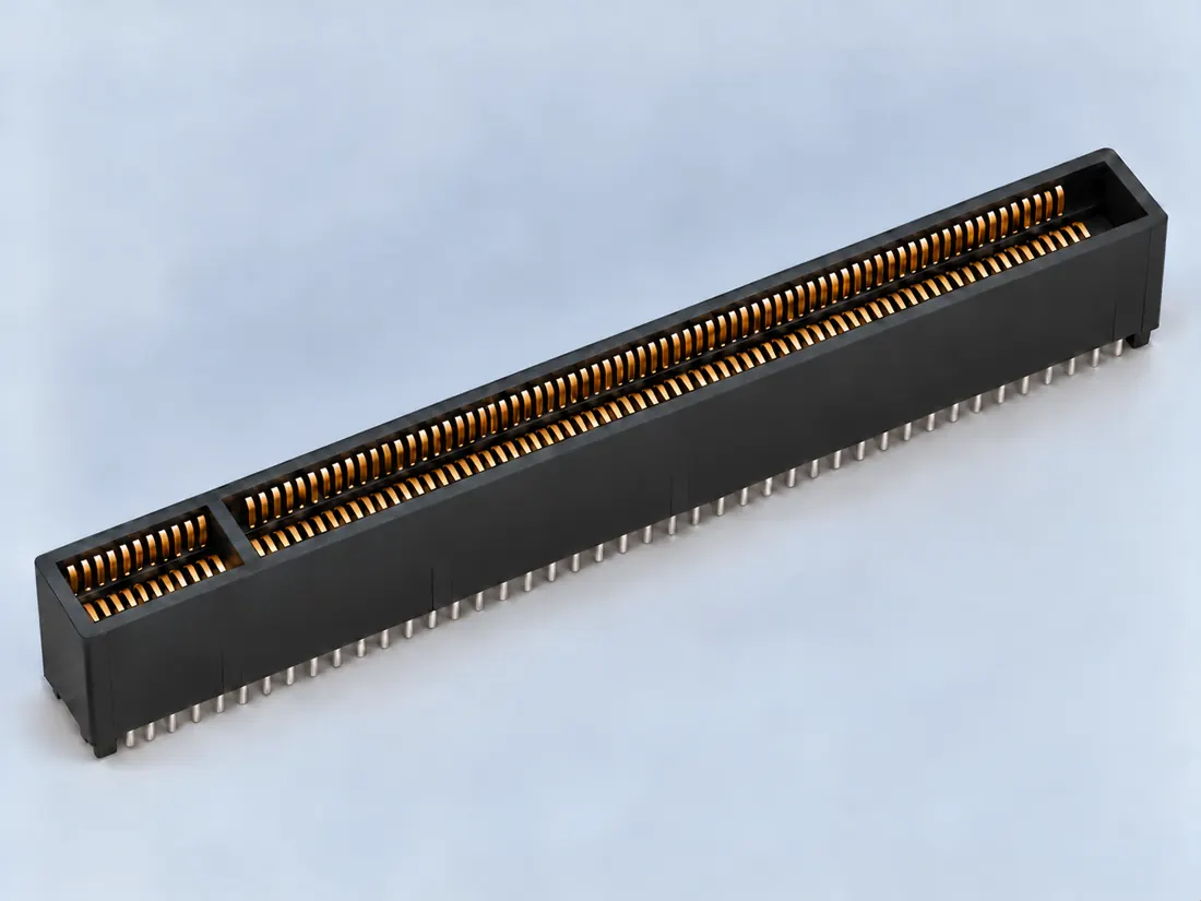 PCI Express x16 164-position card-edge connector: three-quarter view. Computer-generated illustration, not a photograph.
