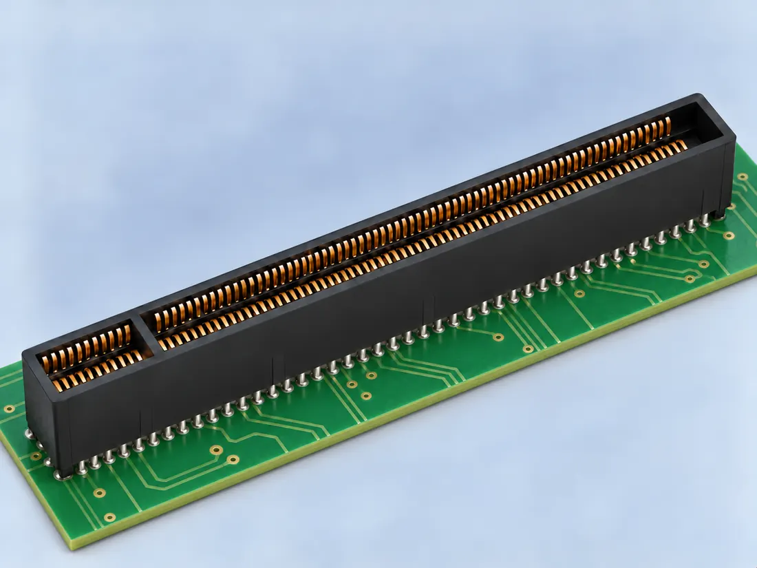 PCI Express x16 164-position card-edge connector: fitted in place. Computer-generated illustration, not a photograph.