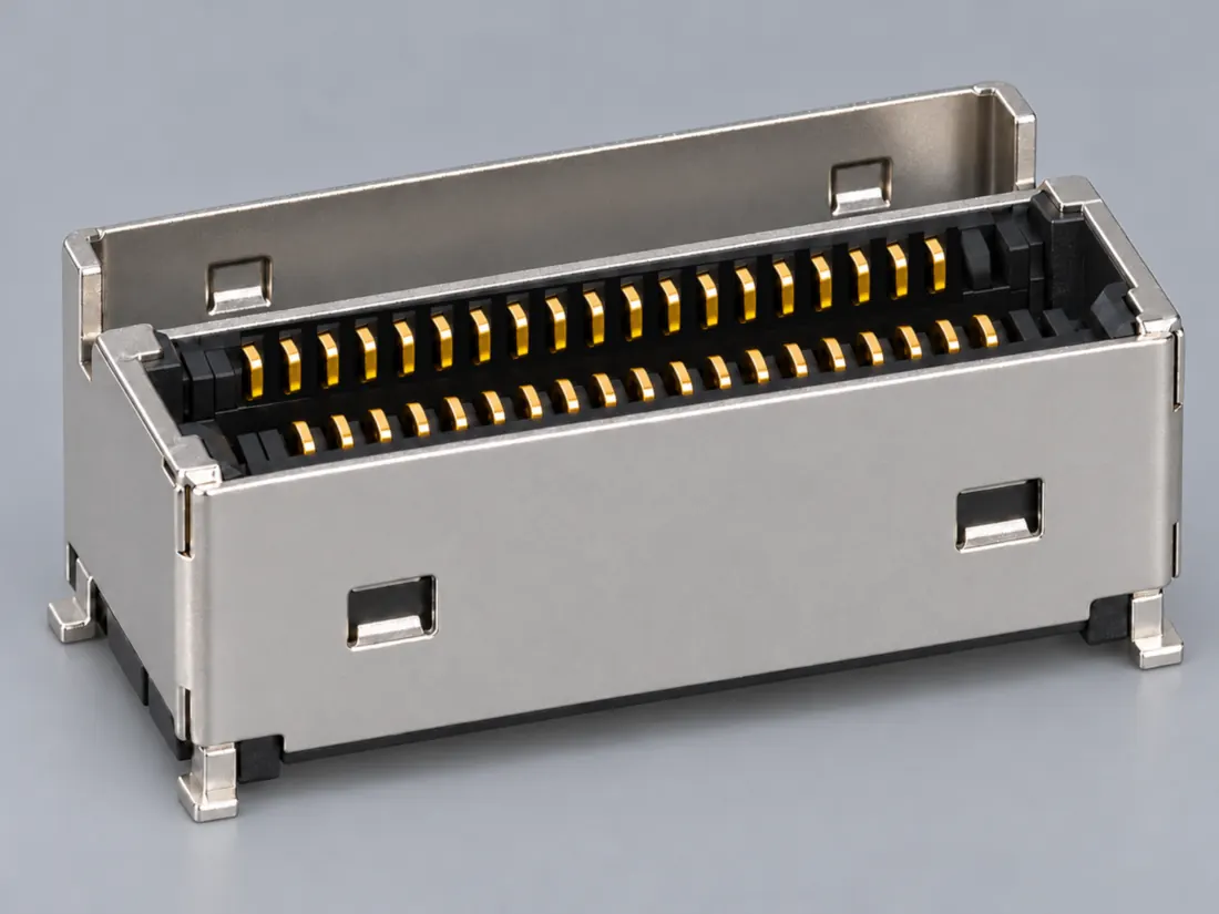 MCIO / SFF-TA-1016 connector family: three-quarter view. Computer-generated illustration, not a photograph.