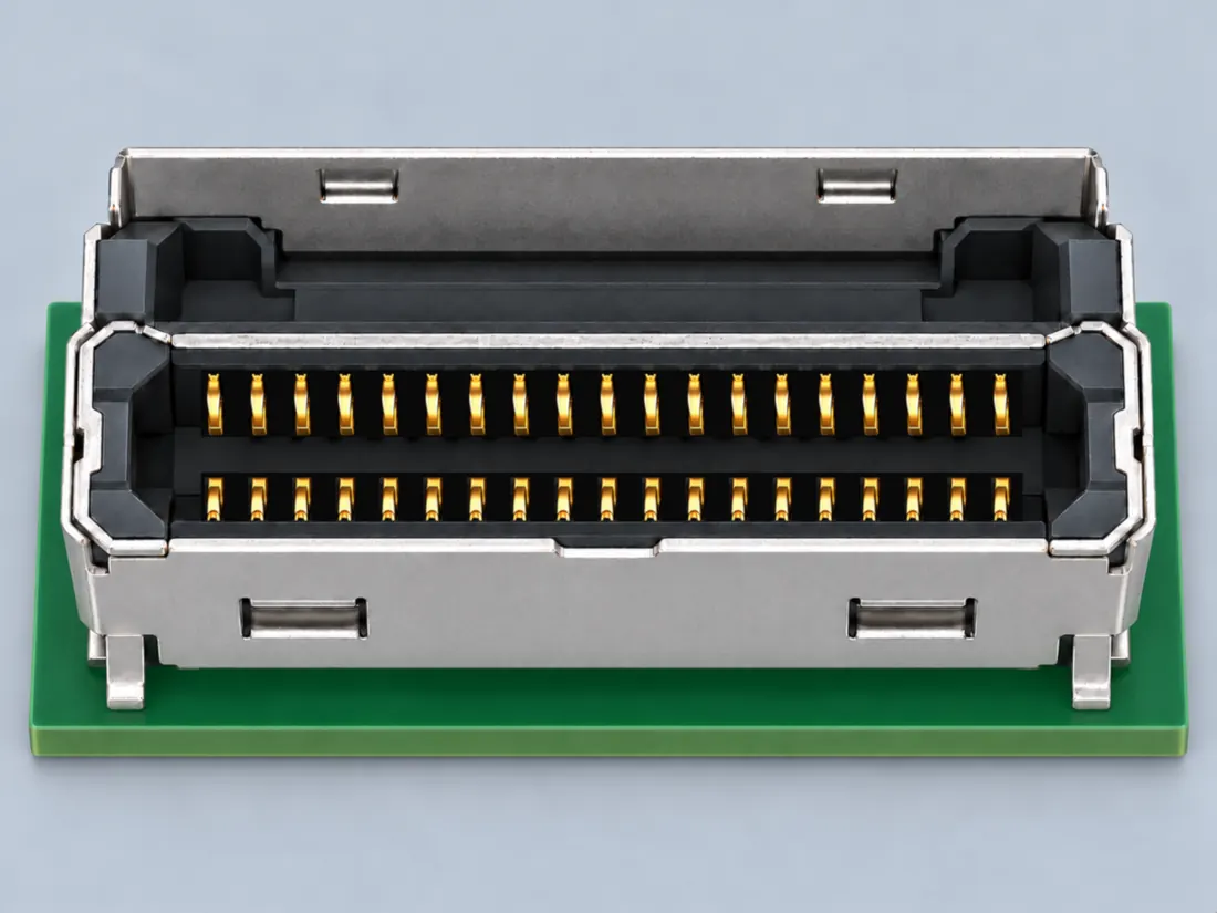 MCIO / SFF-TA-1016 connector family: fitted in place. Computer-generated illustration, not a photograph.