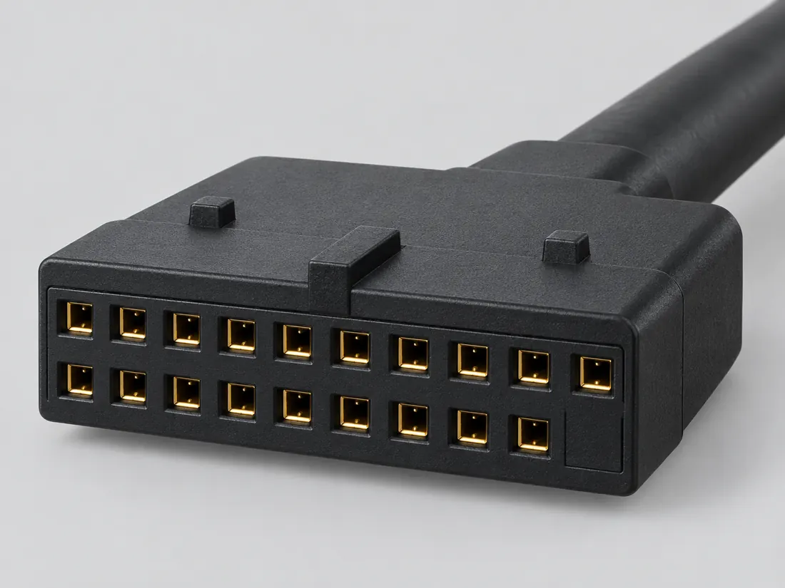 USB 3.0 front-panel 19-pin internal connector: three-quarter view. Computer-generated illustration, not a photograph.