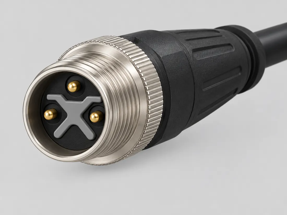 M12 S-coded 3-position power connector: three-quarter view. Computer-generated illustration, not a photograph.