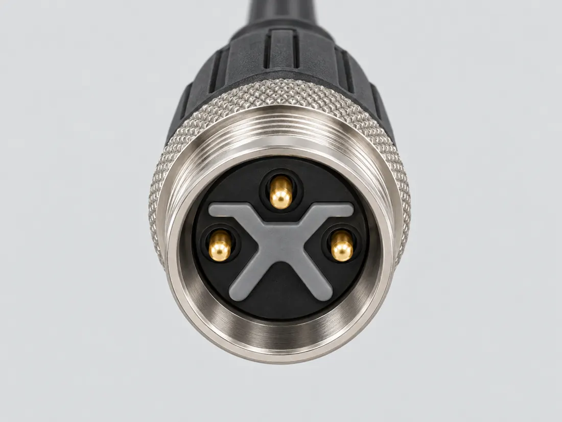 M12 S-coded 3-position power connector: mating face. Computer-generated illustration, not a photograph.