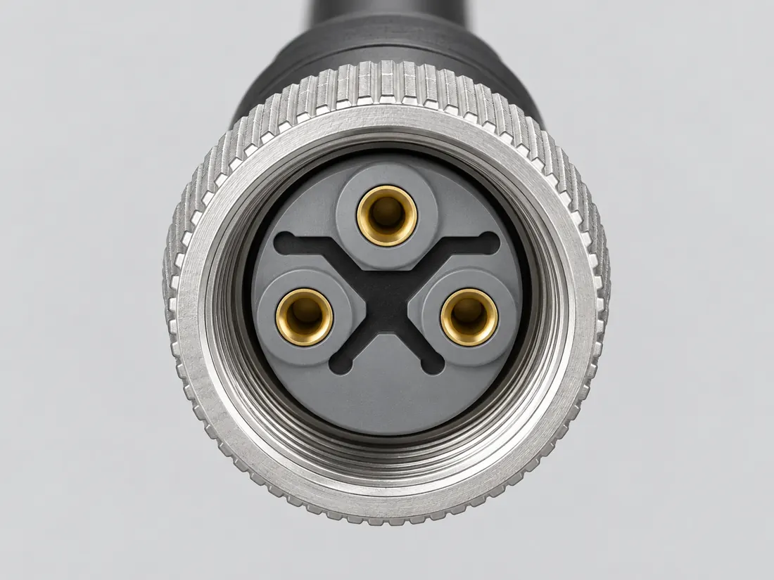 M12 S-coded 3-position power connector: fitted in place. Computer-generated illustration, not a photograph.