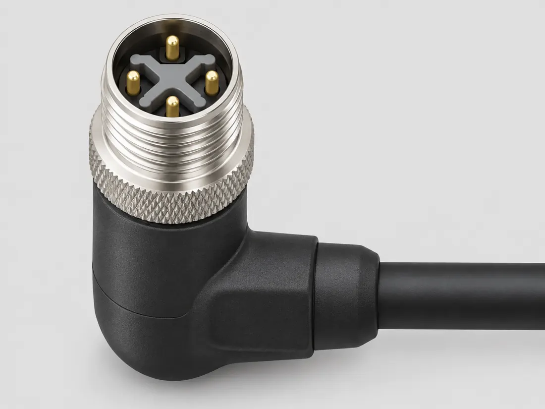 M12 S-coded 4-position power connector: three-quarter view. Computer-generated illustration, not a photograph.