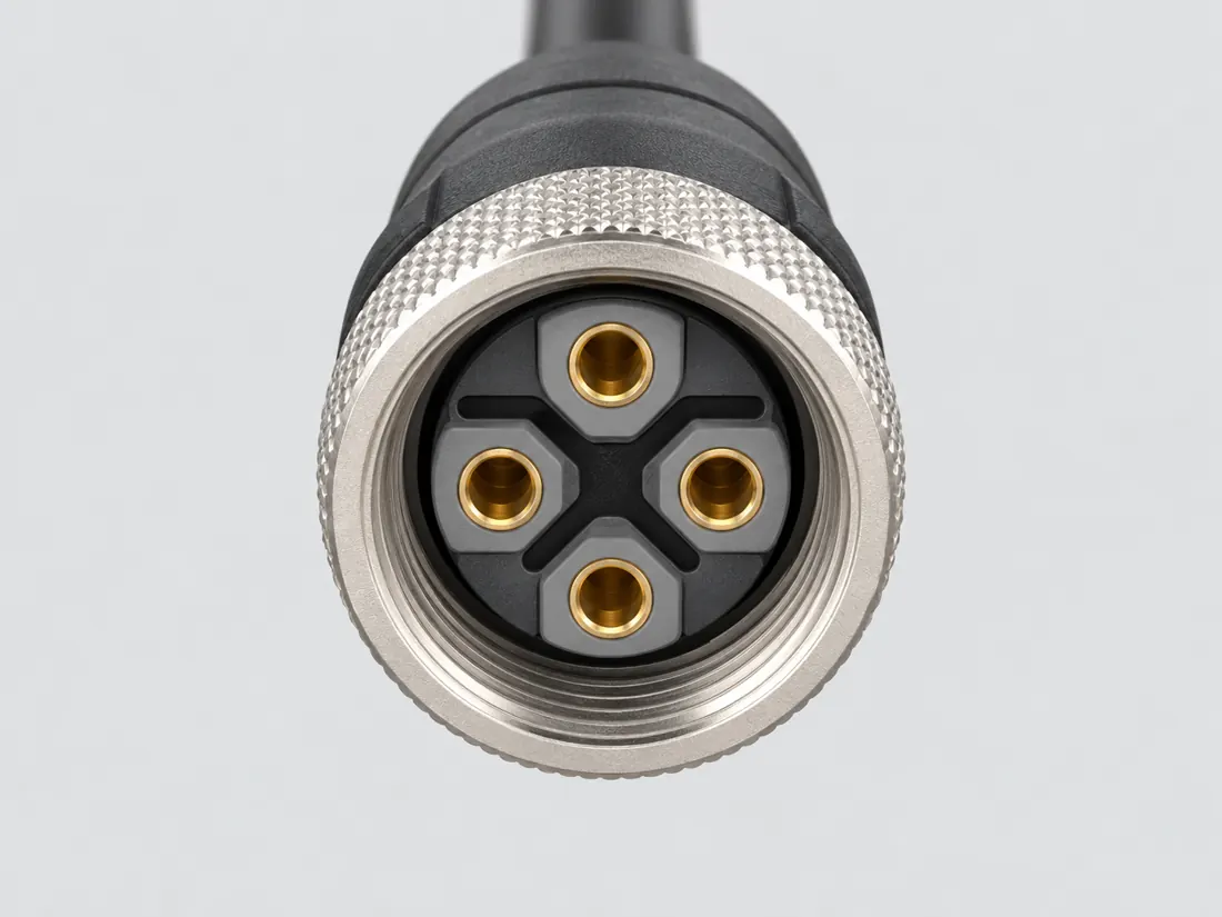 M12 S-coded 4-position power connector: fitted in place. Computer-generated illustration, not a photograph.