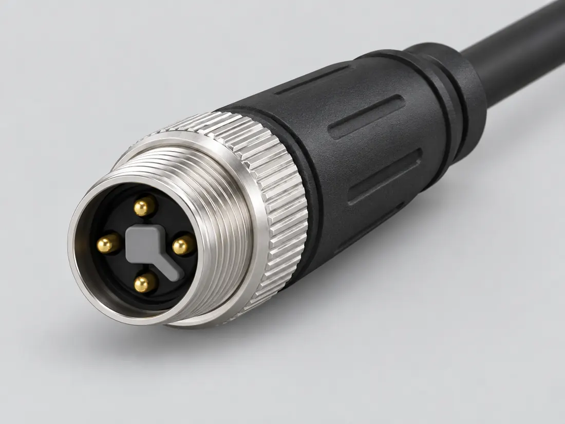 M12 T-coded 4-position DC power connector: three-quarter view. Computer-generated illustration, not a photograph.