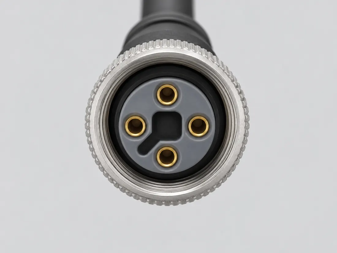 M12 T-coded 4-position DC power connector: fitted in place. Computer-generated illustration, not a photograph.